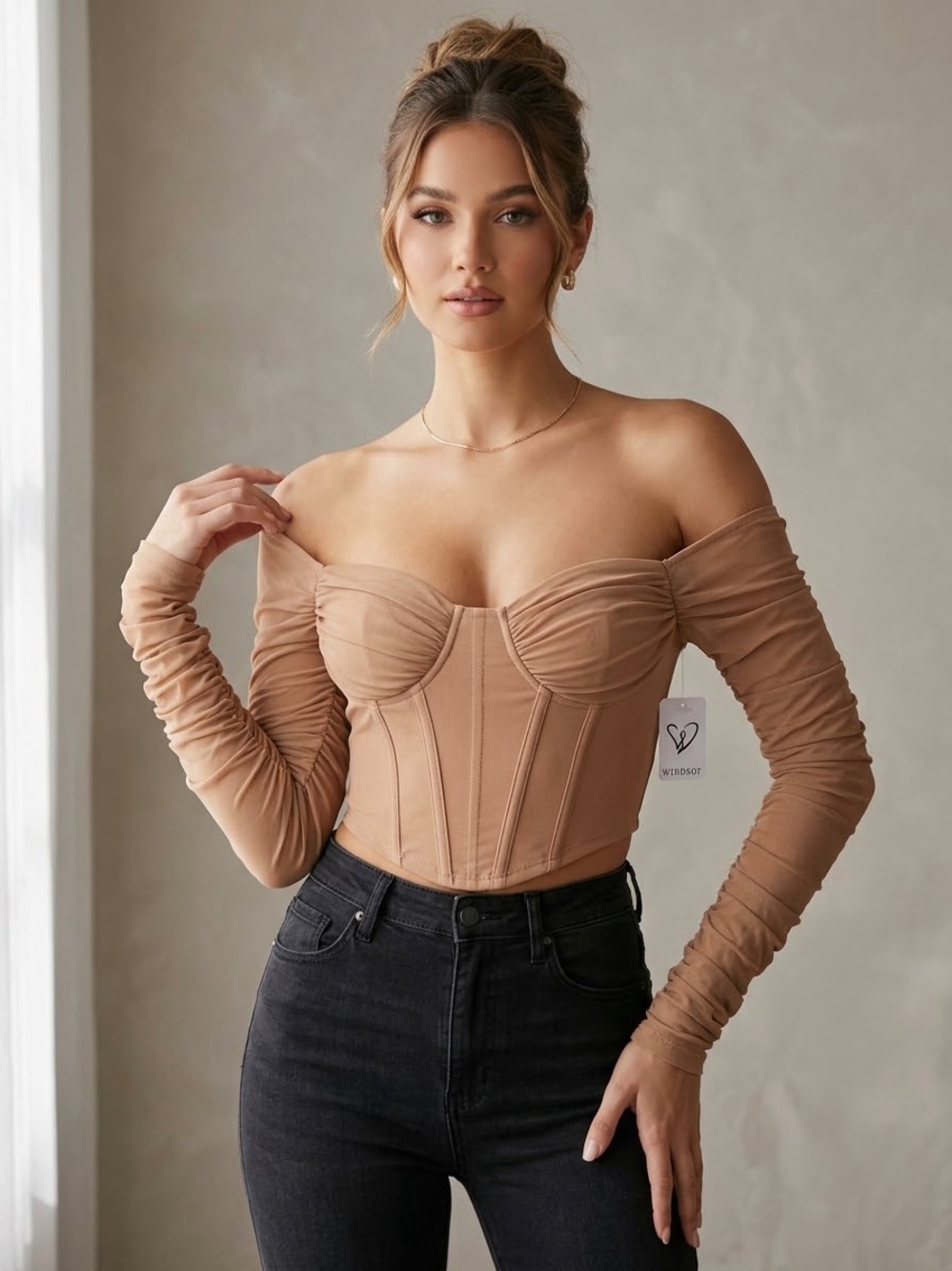 Windsor Ruched Long Sleeve Crop Top in Camel